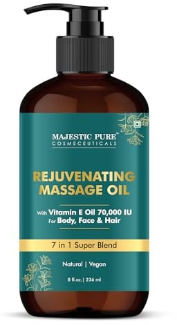 Majestic Pure Vitamin E Massage Oil Massage Therapy - (236 ml) | 8 Fl Oz | Sweet Almond, Jojoba, Argan & Avocado Oils, Invigorating & Relaxing | Men & Women | All Skin Type