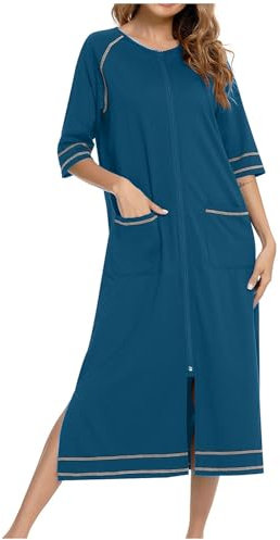 HotsAlifes Womens Dressing Gown Cotton Lightweight Bathrobe Zip Up Womens Robe Comfortable Kimono Dressing Gowns for Daily Sleepwear Knee Length Nightwear Ladies Cosy Kimono Morning Loungewear