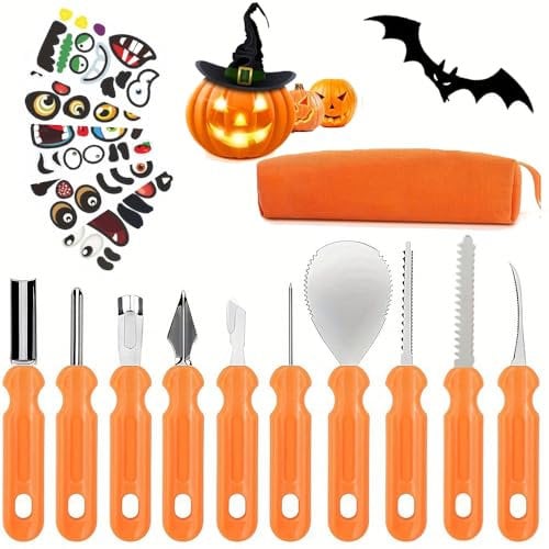 AndCarrotoy Halloween Kürbis Schnitzset, 16 Stück Professionelle Schnitzwerkzeug Kürbis Set mit Tragetasche und 5 PCS Kürbis DIY Halloween Dekoration Aufkleber Kinder und Erwachsene