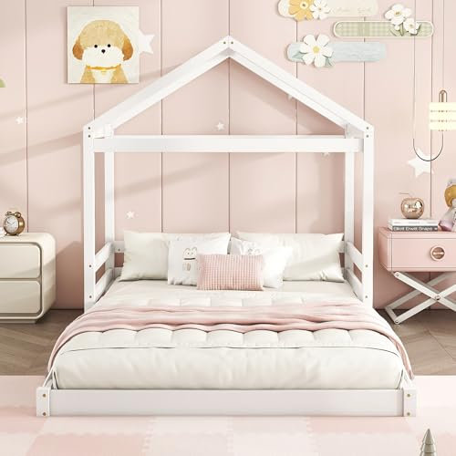 Jovify Kinderbett 140x200 cm Bodentief Hausbett, Montessori Bodenbett mit Rausfallschutz und Lattenrost, Jugendbett Doppelbett Flachbetten Bettgestell Baumhaus Bett, Kiefernholz, ohne Matratze, Weiß