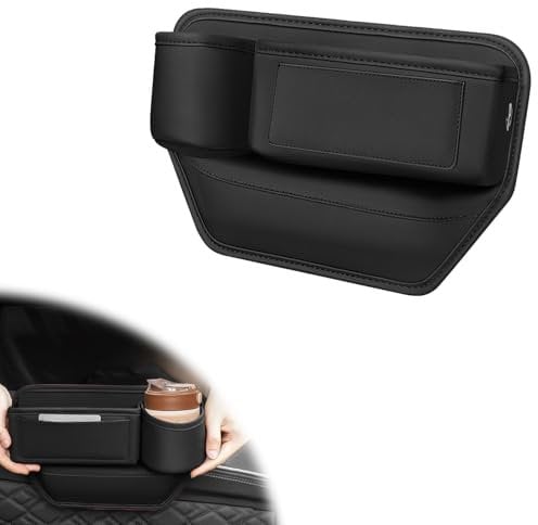 Car Seat Storage Box with Cup Holder Truck Seat Gap Filler Storage Box Beside with Card Clip Interior Organizer Accessories Leather Vehicle Drop Stop Seat Gap Organizers (Driver Seat - Black)
