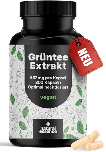 Grüntee Extrakt hochdosiert - 200x Kapseln - Grüner Tee Kapseln 1333 mg pro Tag, mit 667 mg EGCG - mit Schwarzer Pfeffer - Vegan und produziert in Deutschland