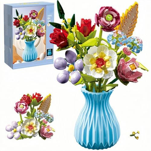 TANSAR Blumenstrauß Bausatz mit Blumenvase, 691 Stück Blumen Bausteine, Flower Bouquet Botanical Kollektion für Erwachsene Frauen Büro und Heimdekoration, Geschenke zum Muttertag, Valentinstag
