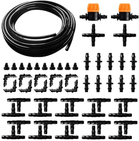 VooGenzek 55 Pièces 4/7 mm Kit d'irrigation Goutte, 5m Tuyau d'irrigation, Systeme Irrigation, avec Raccords Cannelés Droits, Connecteurs en T, Bouchons d'extrémité, pour Jardin, Plantes