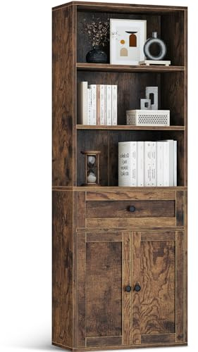 Coleshome 5-Tier Bookcase with Doors and Cabinet, Bookshelf Floor Standing Display Storage Shelf, Tall Bookcase with drawers for Home, Office, Living Room, Bedroom, Rustic Brown, 48 x 24 x 164.2