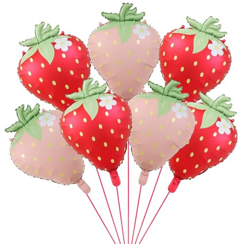 7 x rosa Erdbeer-Luftballons, niedlich, süße rote Erdbeere, Folienballon, Sommerparty, Dekoration, Süßer Fruchtballon für Geburtstagsparty-Zubehör