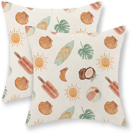 JEFERSO Summer Pillow Covers 16x16 Set of 2 Tropical Coastal Beach Outdoor Throw Pillows Sun Sunshine Monstera Palm Leaf Ice Cream Decorative Pillow Cases Farmhouse Cushion Case for Couch Home Decor