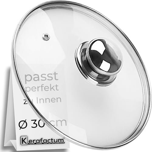 Topfdeckel Glas 30 cm – Universaldeckel mit Edelstahlgriff – Glasdeckel mit Edelstahlrand & Dampfloch – Ersatzdeckel für Topf & Pfanne – spülmaschinengeeignet – backofengeeignet