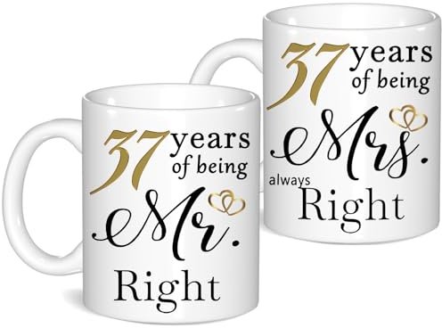 37 Year Anniversary Coffee Mugs Set of 2, 37th Anniversary Wedding Gifts for Wife Husband Parents Grandparents Men Women Him Her, 37 Year Valentines Engagement Couple Cups