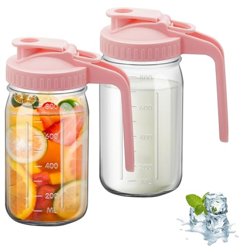 2Pcs Wide Mason Jar Pitcher,32oz Glass Pitcher with Lid Double Leak-proof with Handle Water Jug Wide Mouth Breast Milk Pitchers Fridge Container for Water, Juice (2, Pink)
