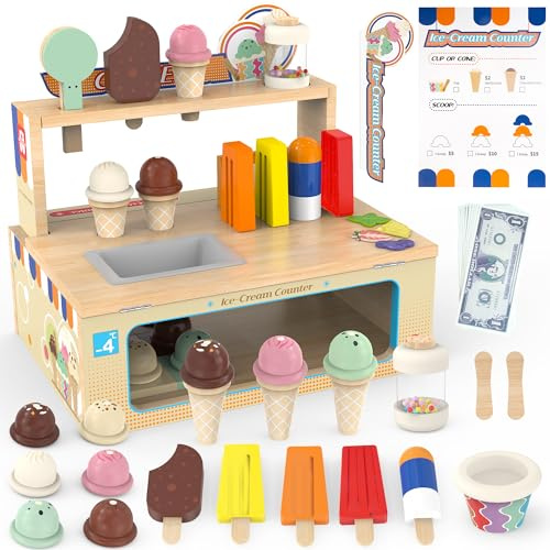 Foldable Wooden Ice Cream Toy Set Pretend Play Food Store for Toddlers | 52-Piece Kids Ice Cream Counter with Storage, Kitchen Playset Fake Money & Menu, Birthday Gift for 3 4 5 Year Old Girls Boys