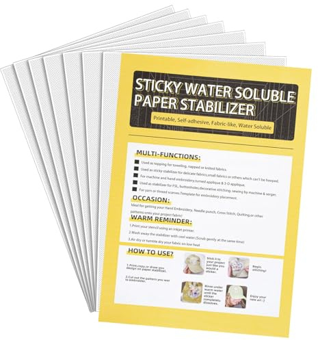 12 Stück Stickvlies Wasserlöslich Selbstklebend, A4 für Stickerei | Wasserlösliches Stickvlies, Bedruckbar, Abwaschbar, Kein Verrutschen, Rückstandsfrei, Geeignet für Tintenstrahldrucker