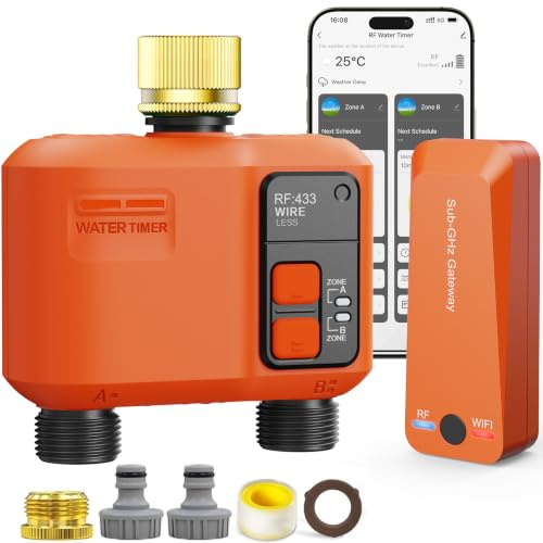 XinFuture Programador de Riego WiFi 2 Salidas con RF 300 m Entrada de Latón | Temporizador Riego Automático Compatible con App, Alexa y Assistant, Retardo por Lluvia,Temporizador Riego para Jardín