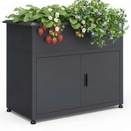 Hochbeet mit Stauraum | Kräuter- und Gemüsebeet Metall verzinkt und pulverbeschichtet | Anthrazit 100 x 50 x 85 cm (B x T x H) Garten und Balkon | höhenverstellbare Füße (L)