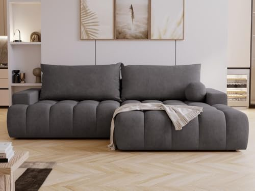 GRAINGOLD Havi Ecksofa 270x170 cm, L-Form Sofa, Ecksofa für Wohnzimmer, Veloursstoff, 4-Sitzer Eckcouch, Ecksofa mit Stauraum und Bettfunktion, Modernes Design (Graphit, Rechts)