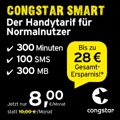 congstar Smart Tarif [SIM, Micro-SIM und Nano-SIM] monatlich kündbar (8,00 Euro/Monat, 300 MB Datenflat mit max. 7 Mbit/s, monatlich 300 Minuten und 100 SMS) in bester D-Netz-Qualität