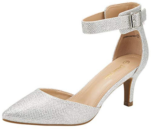DREAM PAIRS Womens Court Shoes Pointed Toe Low Kitten Heel Ladies Pumps Ankle Strap Dress Sandals Lowpointed Silver Glitter Size 7.5 US/ 5.5 UK