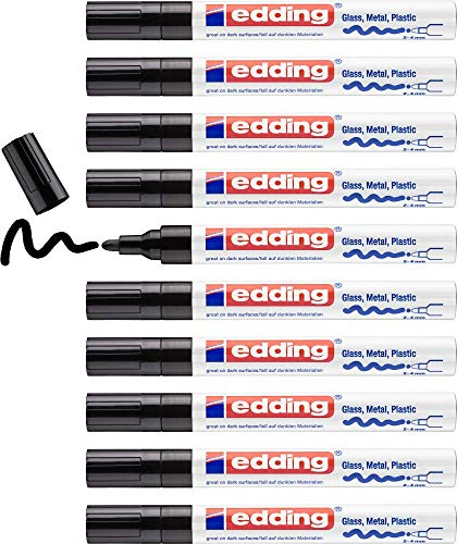 edding 750 gloss paint marker - black - 10 paint markers - round tip 2-4 mm - paint pen for glass, pebbles, wood, plastic, paper - waterproof, high coverage