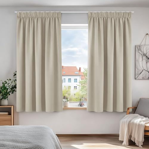 Deconovo Verdunkelungsvorhang Kräuselband Gardinen Wohnzimmer Gardinen Blickdicht, 138x168cm(HöhexBreite), Hellbeige, 2er Set