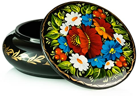 UACreations Geschenk-Schmuckkästchen für Ohrringe, Halskette, Ringe, rund, Holzkoffer mit handbemalten Blumen auf schwarzem Lack für Mädchen und Frauen, Rose