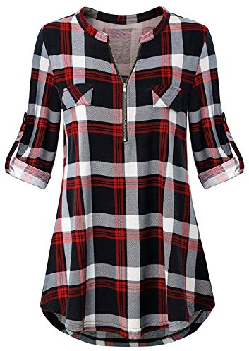 Odosalii Womens Zip Up Plaid Tunic Blouse Rolled Up Sleeve Polo Top Check Shirts, L, #1red