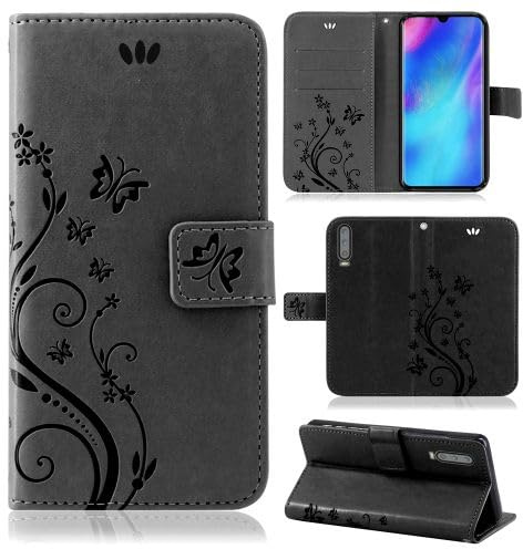betterfon Hülle Kompatibel mit Huawei P30 | Premium PU Leder Handyhülle Wallet Case für P30 | Schutzhülle Blumen Klapphülle Handyhülle | Schwarz