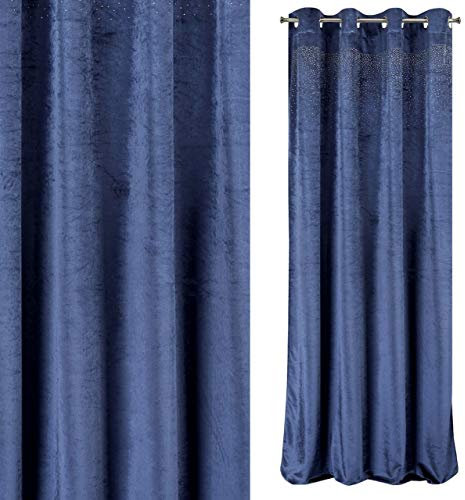 Eurofirany Tenda vellutata Velvet Blu Scuro con Brillanti zirconi e Occhielli Metallici 260 g/m2 140 x 250 cm 1 pz. Morbido Tessuto Spesso, soffice, alla Moda, per Soggiorno, Camera da Letto Glamour.
