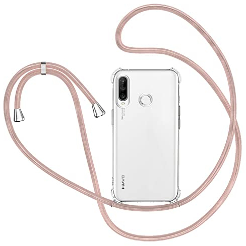 XTCASE Handykette Hülle für Huawei P30 Lite / P30 Lite New Edition, Smartphone Necklace Handyhülle mit Band Transparent Schutzhülle Stossfest - Schnur mit Case zum Umhängen in Roségold