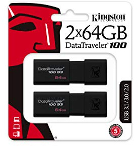Kingston DT100G3/64GB-2P DataTraveler 100 G3, (2 Stück) USB 3.0, 3.1 USB-Stick, 64 GB, schwarz
