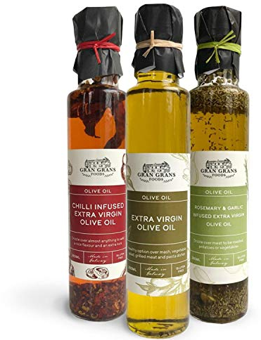 Gran Grans Olive Oil Variety Pack - 1 x Classic Extra Virgin, 1 x Double Chilli Oil, 1 x Rosemary & Garlic Oil - A Perfect Italian Gift Bundle - Small Batch Family Made in Ireland - 3 Bottles x 250