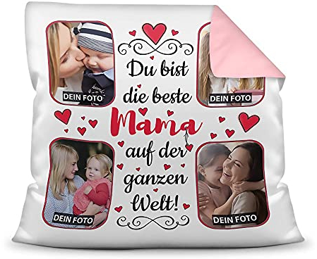 Kissen mit Füllung zum selbst Gestalten mit 4 Fotos - Für die Beste Mama - Hochwertige Kissenhülle mit Reißverschluss, Rückseite Rosa, 40 x 40 cm