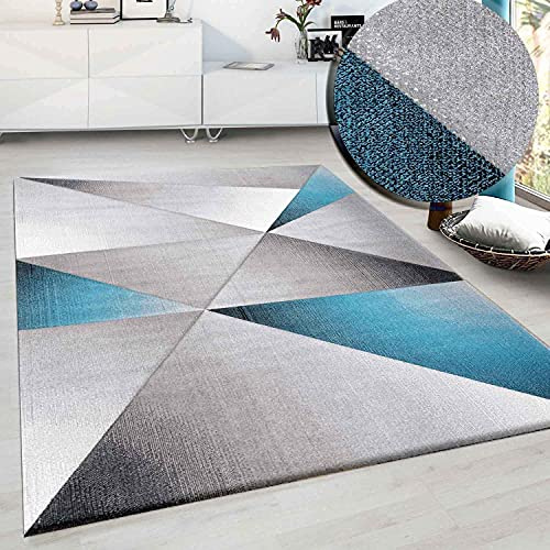 VIMODA Designer Teppich Modern Geometrische Muster Kurzflorig Grau Schwarz Turkis Meliert, Maße:120 x 170 cm
