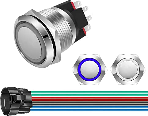 GUUZI 220V-230V/10A Botón Pulsador Momentáneo NO/NC Impermeable Azul/Blanco Luz LED Iluminada 22 mm Botón de Arranque de Energía de Metal con Cable de Enchufe