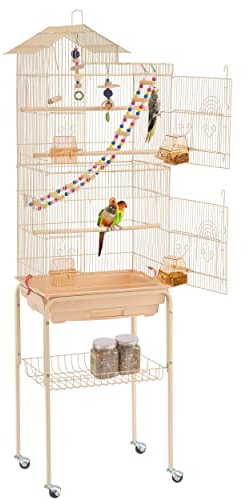 Yaheetech Vogelkäfig Wellensittich Kanarien Käfig mit Vogelspielzeug mit Ständer 46 x 35,5 x 158,5 cm Almond