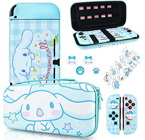DLseego Tragetasche Set Kompatibel mit Switch, Hartschalen Aufbewahrung mit 12 Spielkartenhaltern, Silikon-Schutzhülle mit 4Stücke Joystick-Kappe und 1Stücke Aufkleber,Blaue Wolke Hund