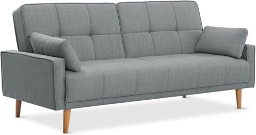 EVERGREENWEB - Click clac sofa bed in capitonné upholstered fabric - 3 seater sofa with wooden feet, with reclining back, one and a half double mattress with 2 free cushions (Grey)