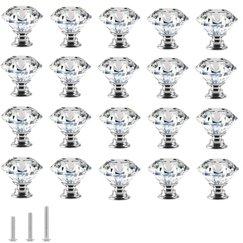 ShipeeKin Kristallglas Schrankknöpfe Kommode Möbelknöpfe Kristall Möbelgriffe Möbelknauf 30mm Diamant-Stil Ziehgriffe für Kommode, Schränke, Küche, Garderobe, Badezimmer usw. (20stk, Transparent)