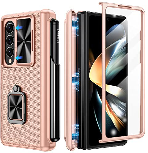 Doeshine Coque pour Samsung Galaxy Z Fold 4, Porte-S Pen, 360 ° Rotatif Support, Protection D'écran et L'appareil Photo, Protection Contre Les Charnières, Armor Cover Case Housse 2022 (Doré)