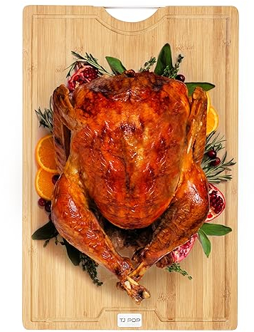 Schneidebrett Extra Groß 60 x 40 x 2 cm, TJ POP Schneidebrett Bambus mit Saftrille und Griff, Küchenschneidebrett Metzgerblock für Pute, Fleisch, Gemüse, Brot, Käse