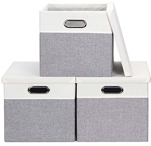 Febzoce Storage Boxes with Lids, Storage Cubes for Unit Shelves Collapsible Fabric Storage Basket Toy Box Organizer Light Grey and White 33 x 33 x 33 cm 3 Pack