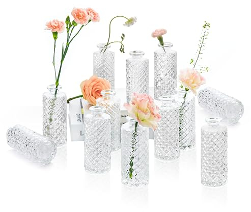 ComSaf Glass Bud Vases Set of 12, Small Diamond Bud Vases in Bulk, Mini Flowers Vases for Centerpieces, Vintage Bottle for Table Decorations, Wedding Decor, Recepetion, Home