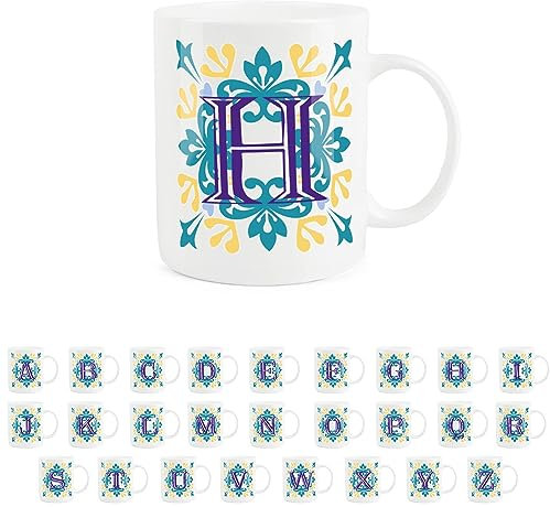 Purely Home Moroccan Tile Yellow & Blue Letter H Mug - White Initial Personalised Alphabet Tea Coffee Bone China Mug