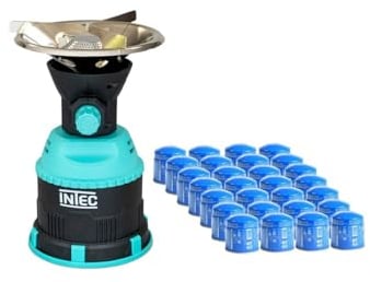 INTEC - Réchaud à Gaz Portable de Camping 1200W + 28 Cartouches Gaz 190g Butane - Allumage Piézo Sécurisé - Mini Réchaud Portatif Randonnée Pêche Chasse - Plaque INOX Stabilité