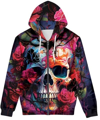 GLUDEAR Unisex Realistischer 3D-Digitaldruck Full Zip Hoodie Jacken Kapuzen-Sweatshirt, Rotes Blut Rose Schädel, XX-Large