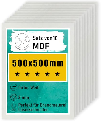 woodmanucom MDF Platten | 500 x 500 x 3 mm | Bastelplatte Dünne Holz-Platten | Perfekt für Laser, CNC Router, Laubsäge, Modellierung (10 Stück weiße)