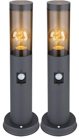 Außenbeleuchtung Standleuchte Sockelleuchte rauch anthrazit Außen mit Bewegungsmelder Garten Stehlampe, Edelstahl Kunststoff, 1x E27, DxH 7,6x45 cm, 2er Set