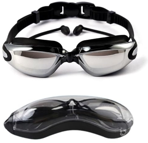 HSTWODE - Occhialini da nuoto ottici con visione, monoblocco, con tappi per le orecchie, diottrie: da -1,5 a -8,0, protezione anti-appannamento, naselli intercambiabili (nero |-5.0)