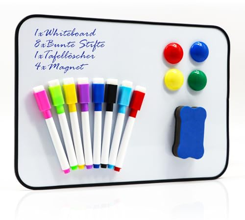 Whiteboard Magnetwand A4 Tragbare Doppelseitige Magnettafel Mini Whiteboard Set mit 8 Bunte Stifte und 1 Tafellöscher für Büro, Heim und Schule (30x21cm)