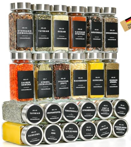 Gewürzgläser Eckig mit Etiketten Set 24er: Kleine Gewürzdosen Glas 120ml mit Streueinsatz Wasserfeste Labels - Aufbewahrung von Gewürzaufbewahrung für die Küche Schublade - Gewürzstreuer Silber