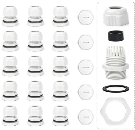 15Pack Cable Glands Mixed Set, IP68 Waterproof Stuffing Glands M25 10-14mm, Plastic Nylon Cable Conduit Waterproof Connectors Set with Gasket, Dustproof Cable Gland Connectors for Outdoor (White)
